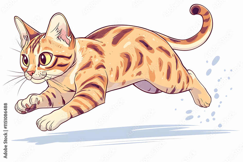 Obraz premium Energetic and Playful Cartoon Cat in Mid-Jump with Striking Fur Patterns and Expressive Eyes