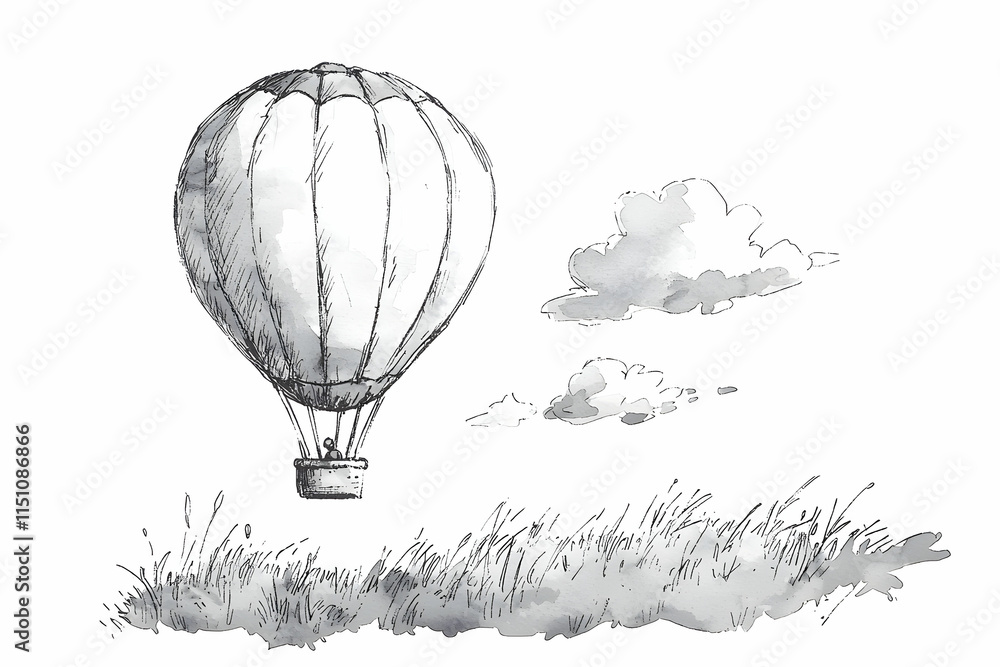 Vintage style hot air balloon floating peacefully over grassy field and soft clouds in a serene sketched landscape