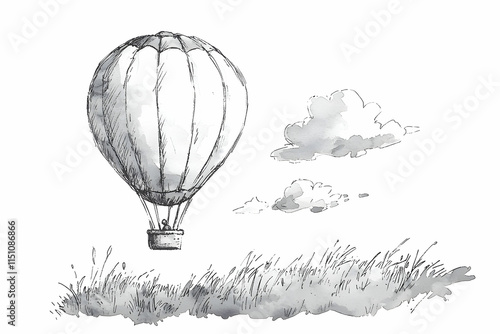 Obraz na płótnie Vintage style hot air balloon floating peacefully over grassy field and soft clouds in a serene sketched landscape w salonie