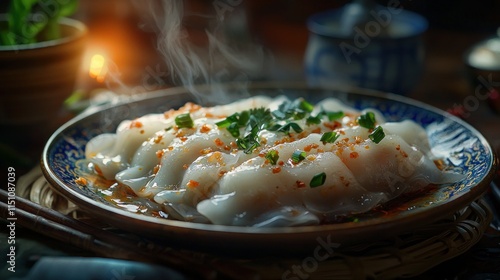 Photorealistic Side View of Chee Cheong Fun on a Plate with Garnishes and Steamed Aroma photo