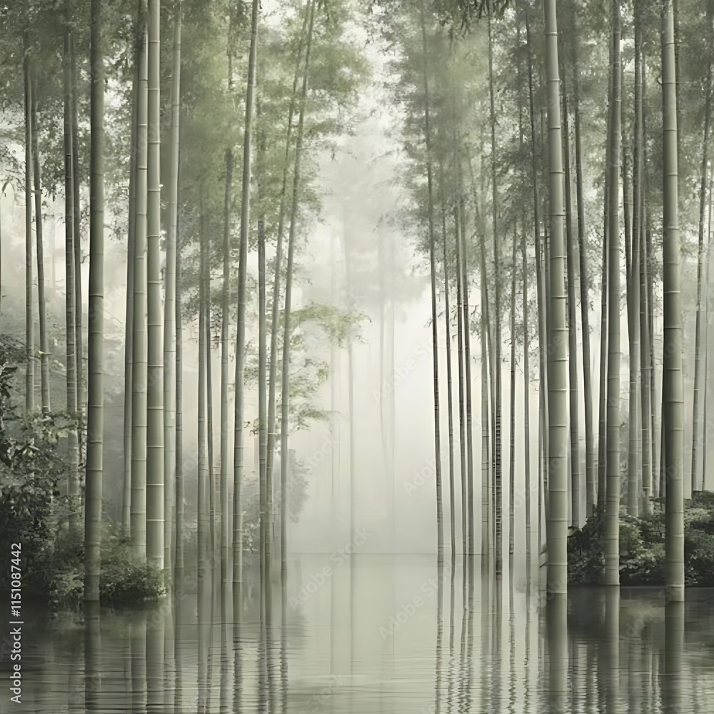 Serene Bamboo Forest Reflected In Still Water Serene Bamboo Forest Reflected In Still Water