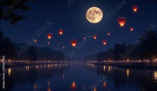 Heart Lanterns Night Sky