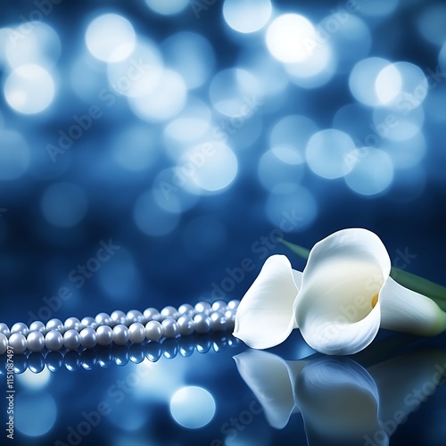 Elegant Calla Lilies and Pearl Necklace on Blue