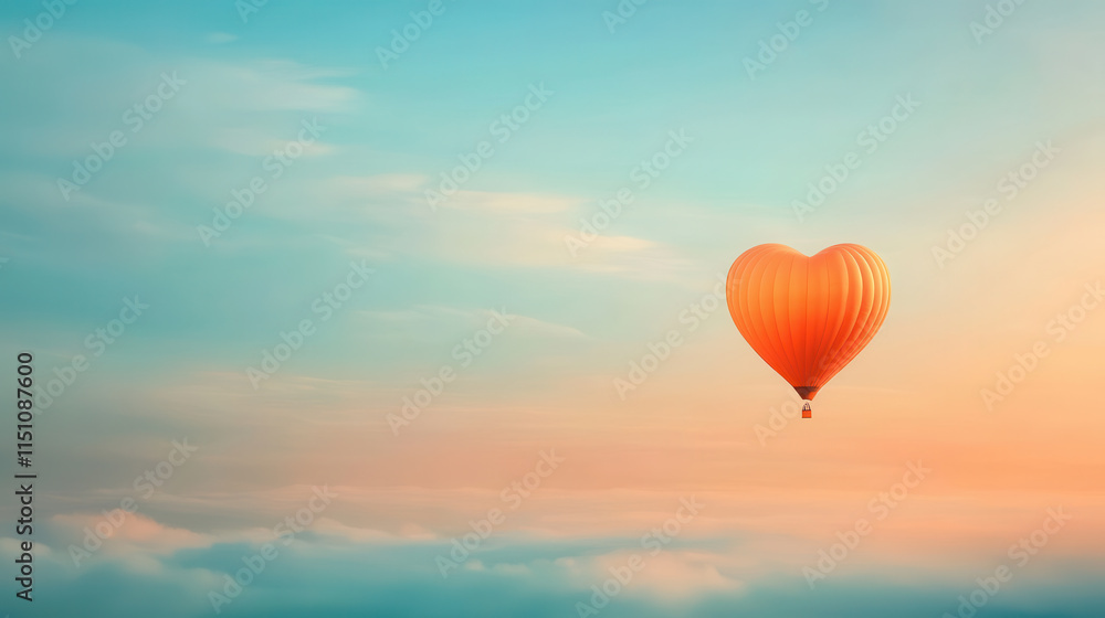 Fototapeta premium whimsical hot air balloon in shape of heart floats above soft clouds, creating dreamy atmosphere