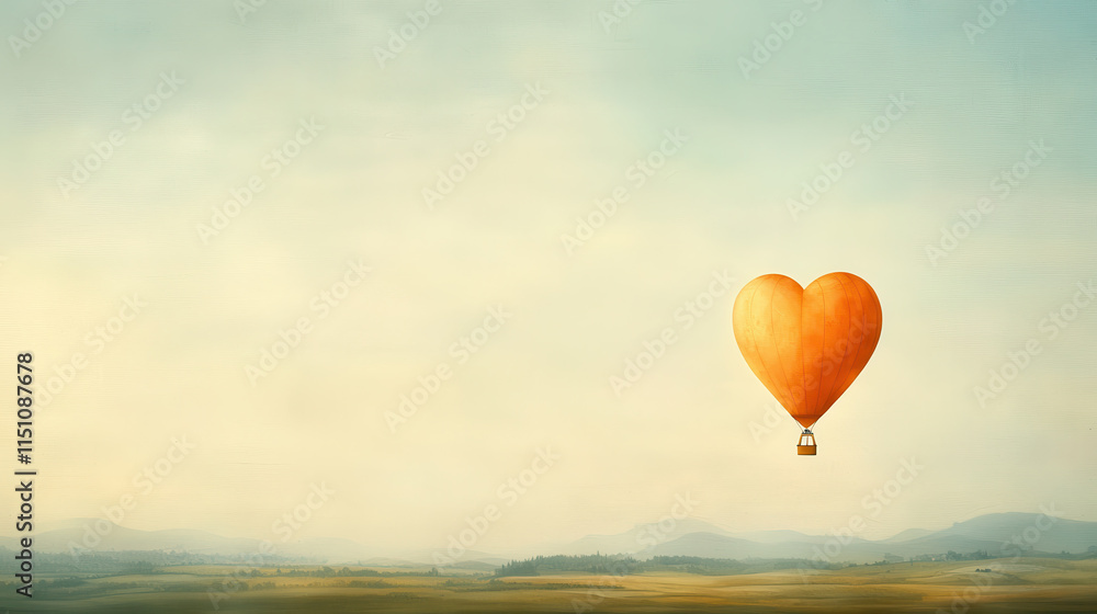 Fototapeta premium whimsical hot air balloon shaped like heart floats above serene landscape, evoking feelings of love and adventure