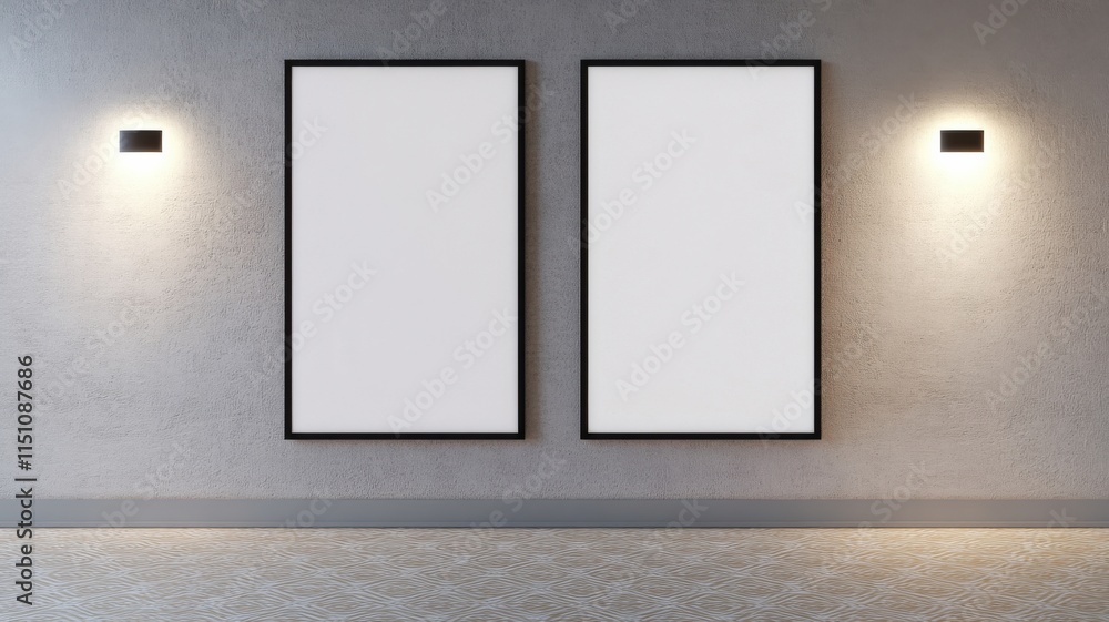 Minimalist gallery wall with two empty frames and modern lighting. Minimalist gallery wall with two empty frames and modern lighting.