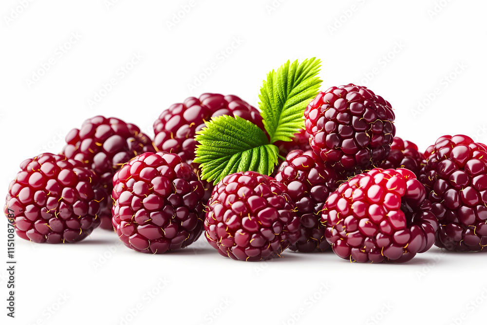 Fresh Ripe Red Raspberries with Green Leaves on a Bright White Background Fresh Ripe Red Raspberries with Green Leaves on a Bright White Background