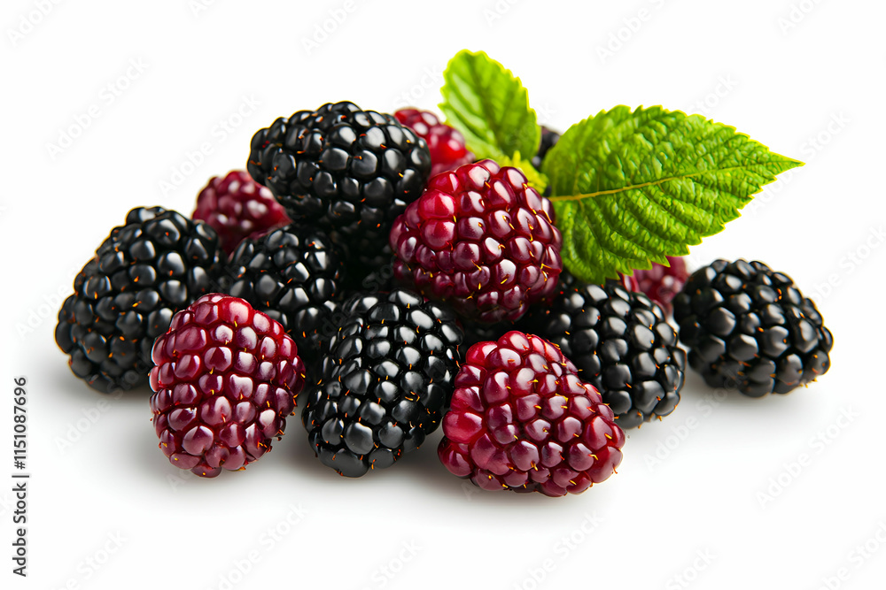 Fresh and Juicy Blackberries and Raspberries with Green Leaf Arrangement on White Background Fresh and Juicy Blackberries and Raspberries with Green Leaf Arrangement on White Background