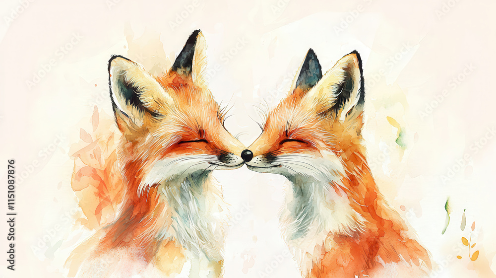Obraz premium whimsical watercolor painting of two foxes sharing joyful moment, showcasing their vibrant orange fur and playful expressions