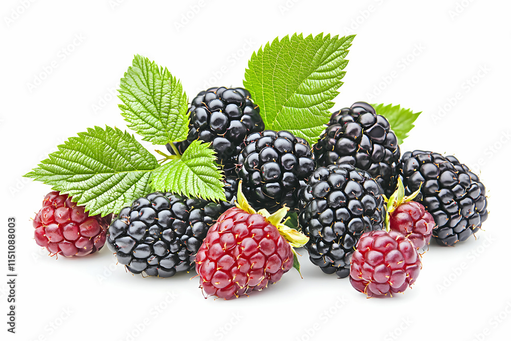 Fresh Blackberries and Raspberries with Green Leaves on White Background Fresh Blackberries and Raspberries with Green Leaves on White Background