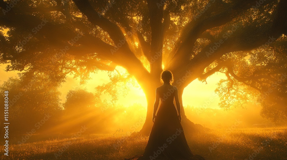 Fototapeta premium A silhouette of a woman stands before a large tree, illuminated by a warm sunset glow.