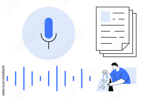 Microphone, sound waves, documents, and person with shopping bags. Ideal for technology, retail, communication, documentation transcription e-commerce automation. Line metaphor