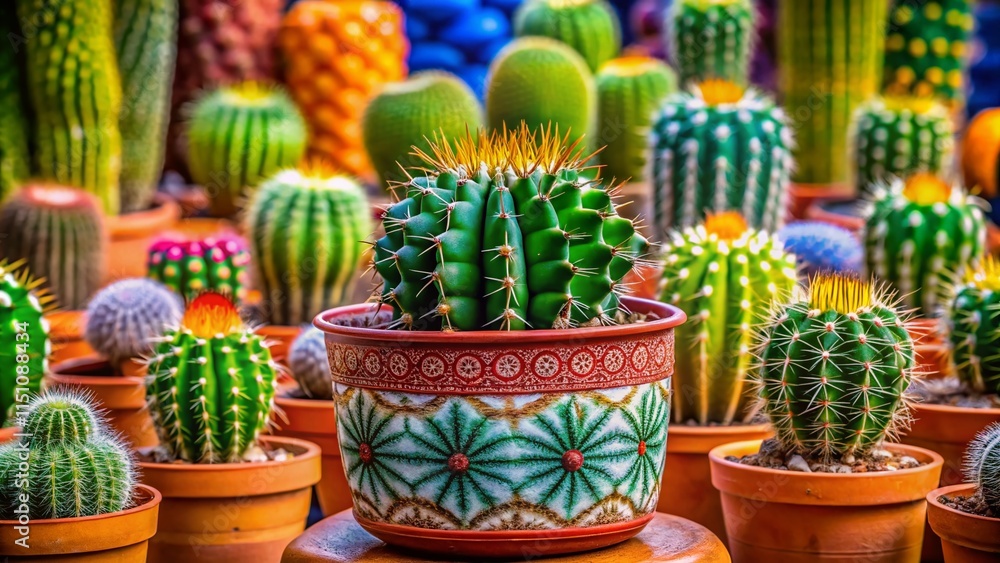 Cacti Pattern in Pot - Decorative Design, Copy Space Cacti Pattern in Pot - Decorative Design, Copy Space