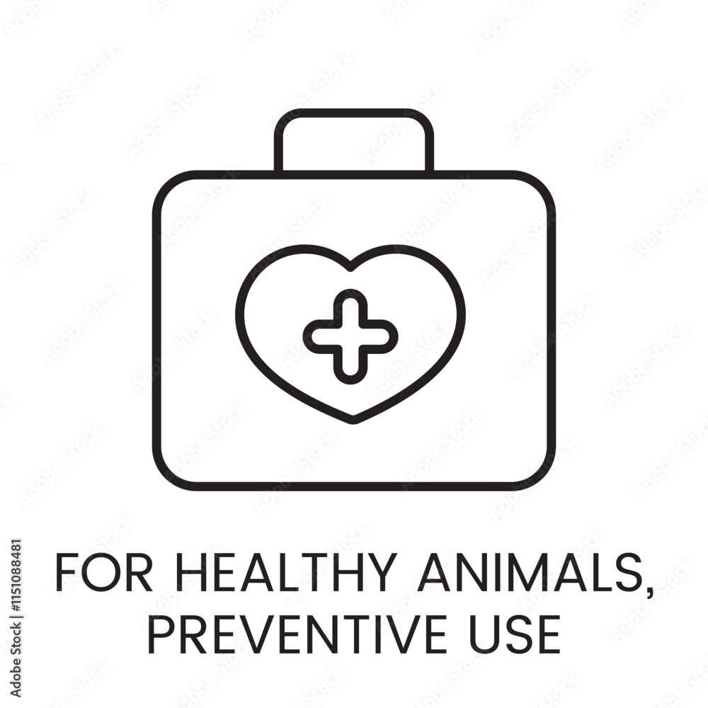 A vector linear icon of a medical kit with a heart and a cross inside, representing preventive use for healthy animals with an editable stroke A vector linear icon of a medical kit with a heart and a cross inside, representing preventive use for healthy animals with an editable stroke
