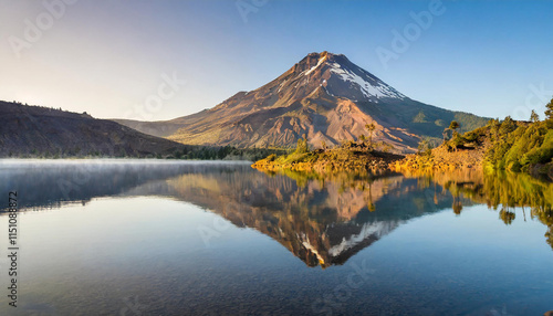 Volcanic mountain in morning light reflected in calm waters of lake