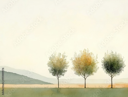 Serene landscape featuring three trees under a soft sky.