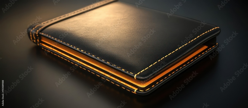 A sleek modern leather stock wallet, minimalist design, black and gold accents, highly detailed, photorealistic, glowing edge highlights, A sleek modern leather stock wallet, minimalist design, black and gold accents, highly detailed, photorealistic, glowing edge highlights,