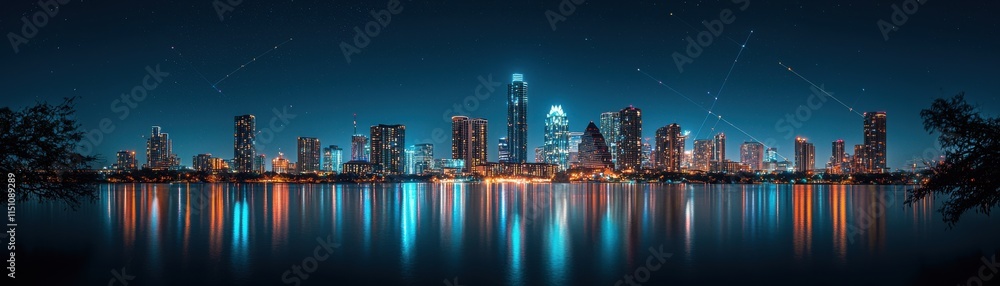 Obraz premium Stunning night skyline reflecting in water, illuminated city lights.
