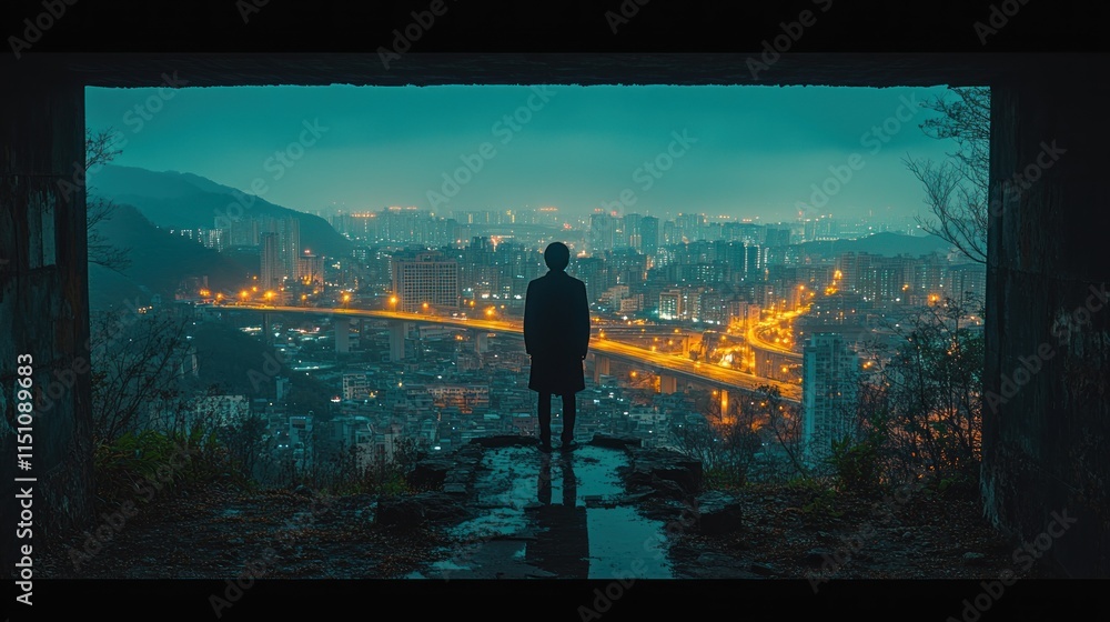 Fototapeta premium A silhouette stands at a viewpoint, overlooking a vibrant cityscape at dusk.
