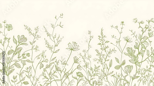 Wallpaper Mural Green botanical line drawing. Torontodigital.ca