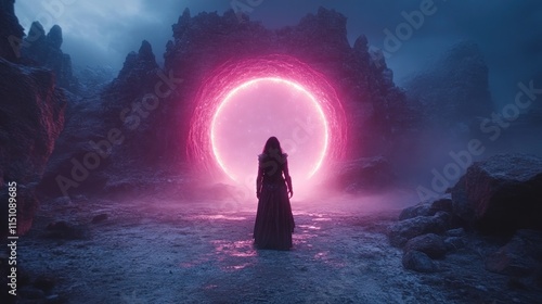 Wallpaper Mural A silhouette stands before a glowing pink portal in a mystical landscape. Torontodigital.ca