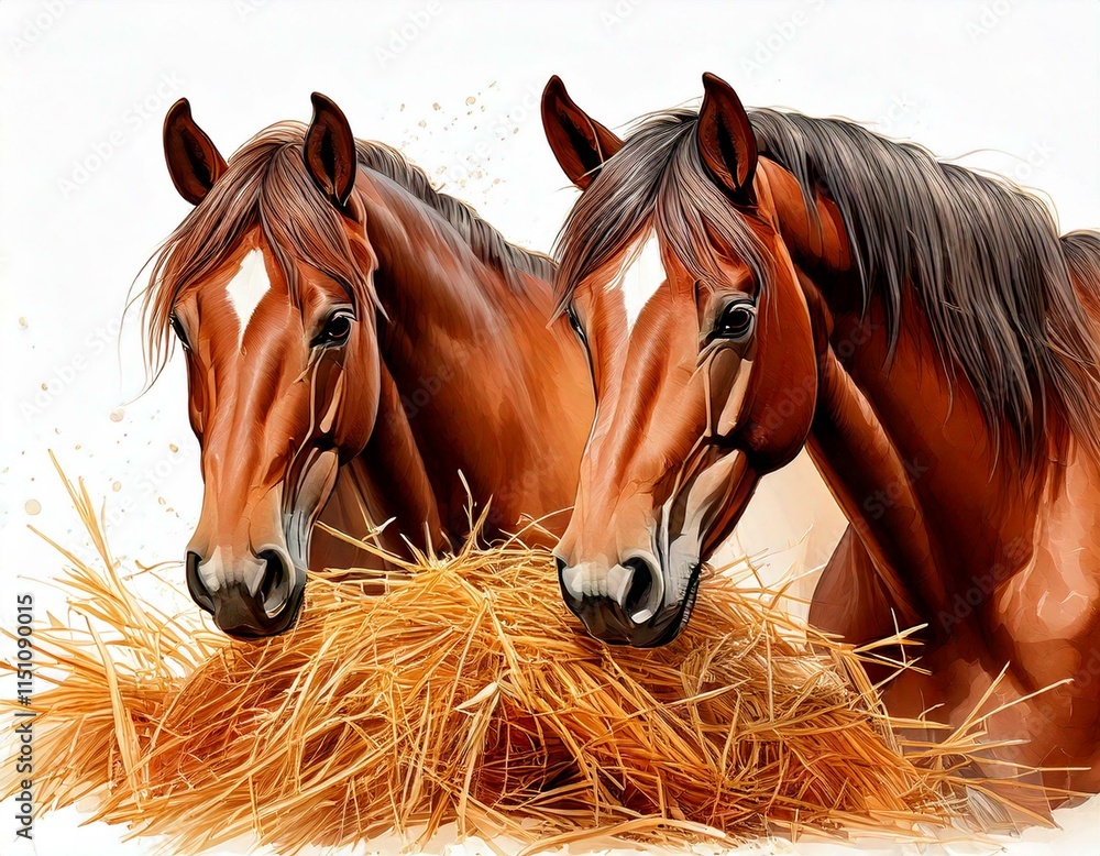 Fototapeta premium Two Brown Horses Grazing on Hay