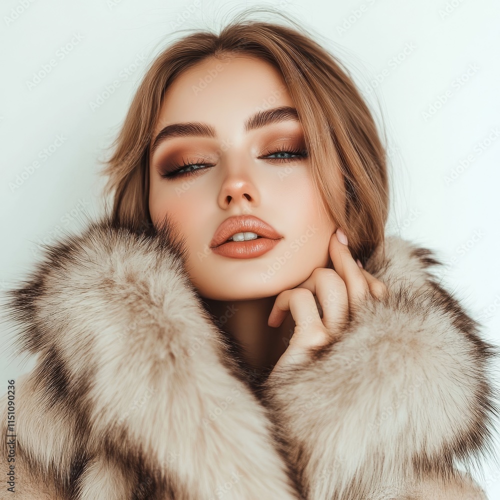 Empowered girl in fur, radiating confidence on white. Empowered girl in fur, radiating confidence on white.