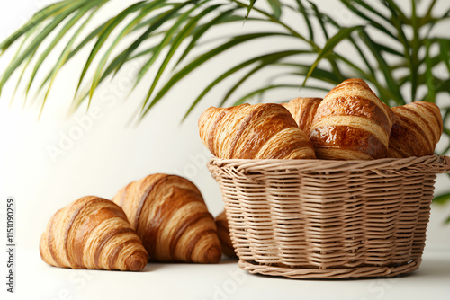 Freshly Baked Croissants in a Basket Surrounded by Green Leaves on a Light Background photo