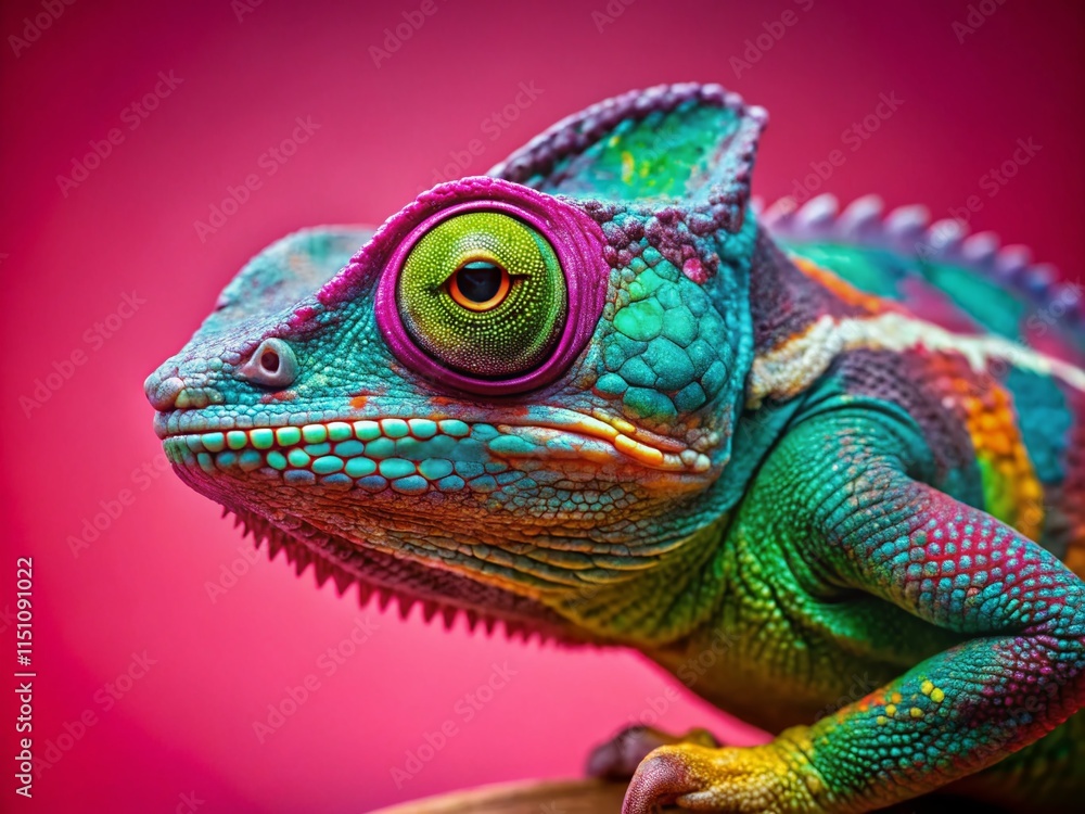 Obraz premium Chameleon Close-up on Pink Background with Copy Space