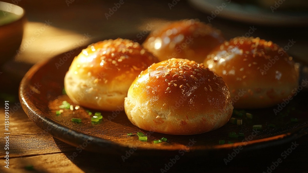 Photorealistic Side View of Hotteok on a Wooden Plate with Sesame Seeds and Natural Lighting Photorealistic Side View of Hotteok on a Wooden Plate with Sesame Seeds and Natural Lighting