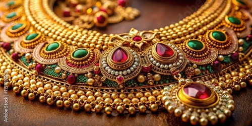 Traditional gold Indian jewelry featuring intricate designs and vibrant gemstones for a luxurious and cultural look, Indian