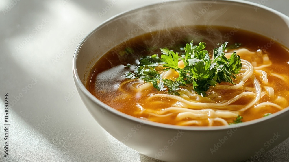 Photorealistic Side View of Instant Soup in Bowl with Herbs and Steam Photorealistic Side View of Instant Soup in Bowl with Herbs and Steam