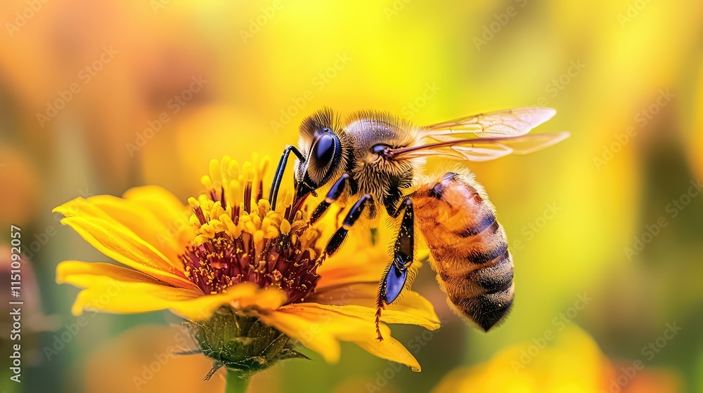 bee pollinates a vibrant yellow flower in a sunny setting bee pollinates a vibrant yellow flower in a sunny setting
