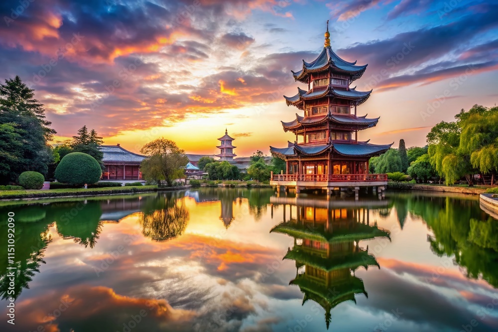 Naklejka premium Chinese Pagoda in Pond - AI Photography