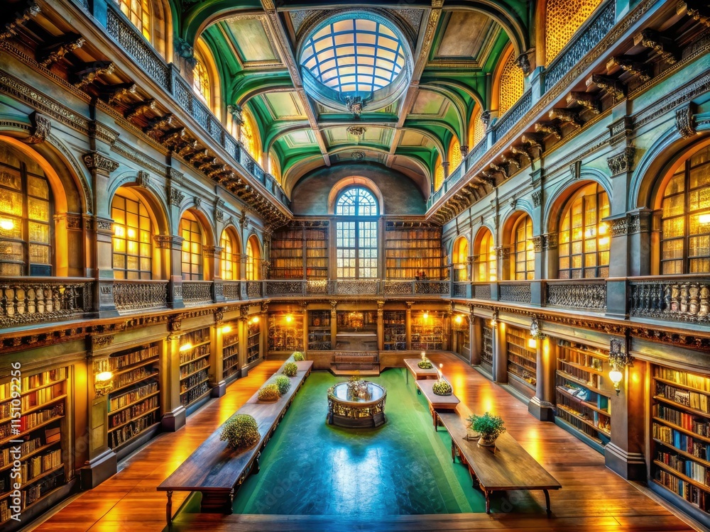 Naklejka premium Soft light bathes an empty, historic library platform; panoramic view of grand architecture.