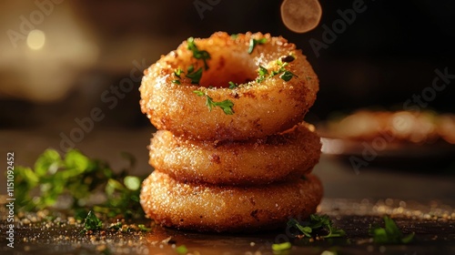 Photorealistic Side View of Medu Vada Stacked with Fresh Herbs and Spices in a Dimly Lit Environment