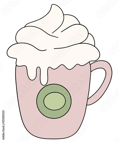 Sweet blended drink for here with whipped cream, smoothie milk, yummy drinks doodle elements, drawing vector, isolated illustration	