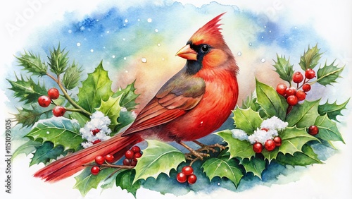 Christmas Cardinal Watercolor Illustration - Postcard Design