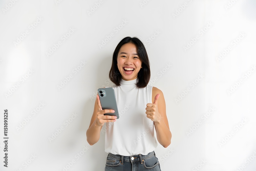 Indonesian woman holding mobile phone, happy, winner concept. isolated on plain white background Indonesian woman holding mobile phone, happy, winner concept. isolated on plain white background