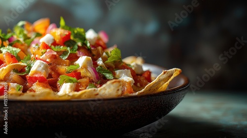 Photorealistic Side View of Papri Chaat with Fresh Vegetables and Spices in a Stylish Bowl photo