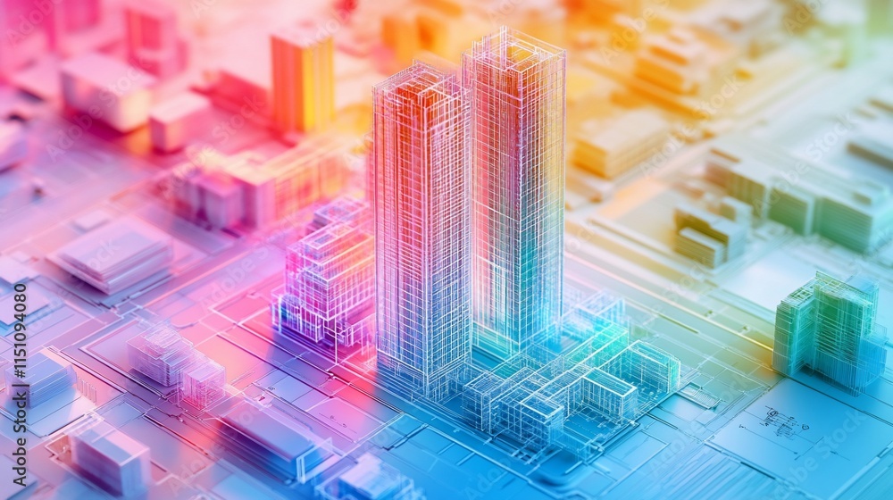 A vibrant digital model of urban skyscrapers and city structures. A vibrant digital model of urban skyscrapers and city structures.