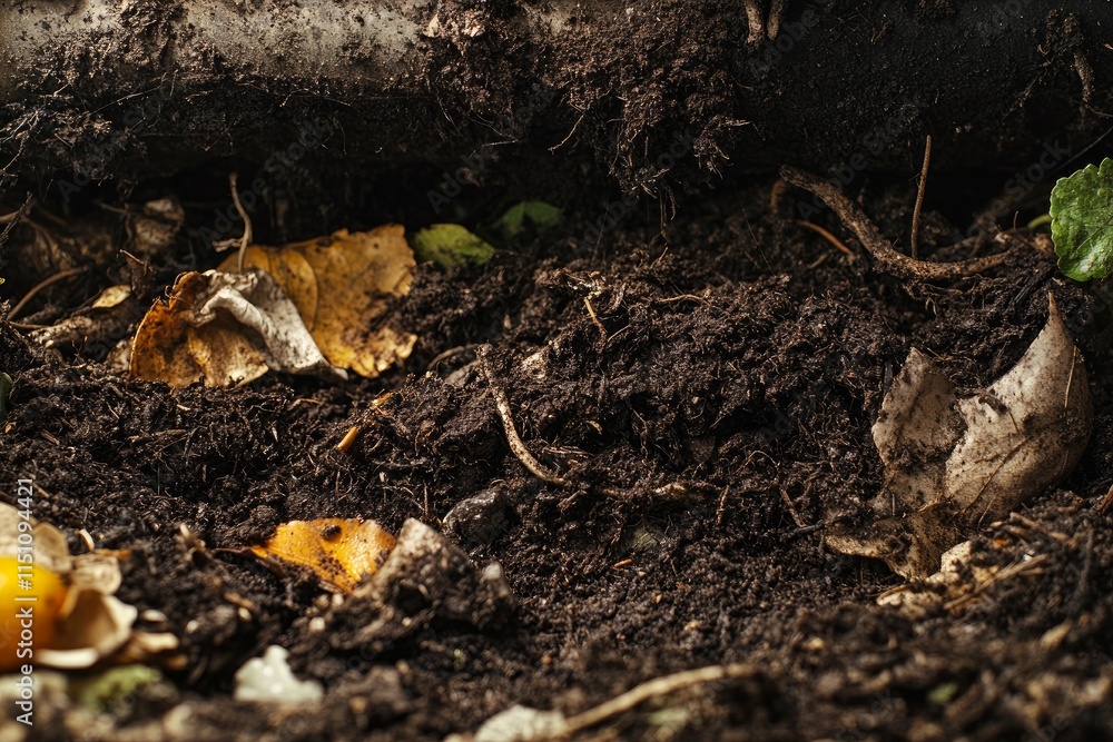 Close-up of a compost bin with layered organic waste, Earth Day composting, rich textures, natural light. Close-up of a compost bin with layered organic waste, Earth Day composting, rich textures, natural light.