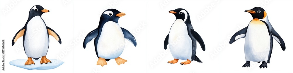 Fototapeta premium wildlife impact harmony concept. Four cartoon penguins in various poses, showcasing their distinct black and white feathers, orange beaks, and playful demeanor.