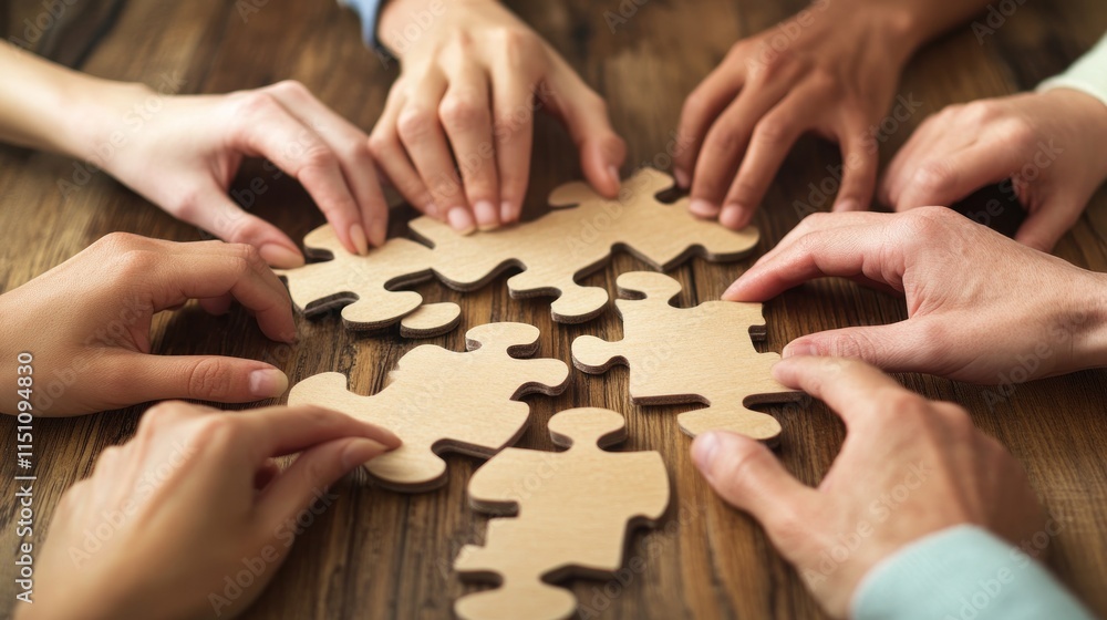 Diverse Hands Collaboratively Assembling Wooden Puzzle Pieces Diverse Hands Collaboratively Assembling Wooden Puzzle Pieces
