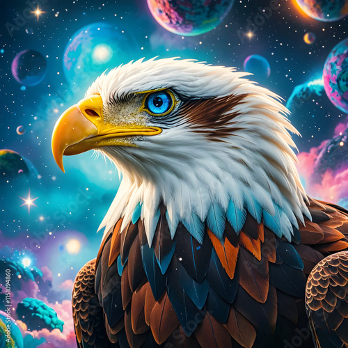 A beautiful giant colorful eagle, in the universe, photo