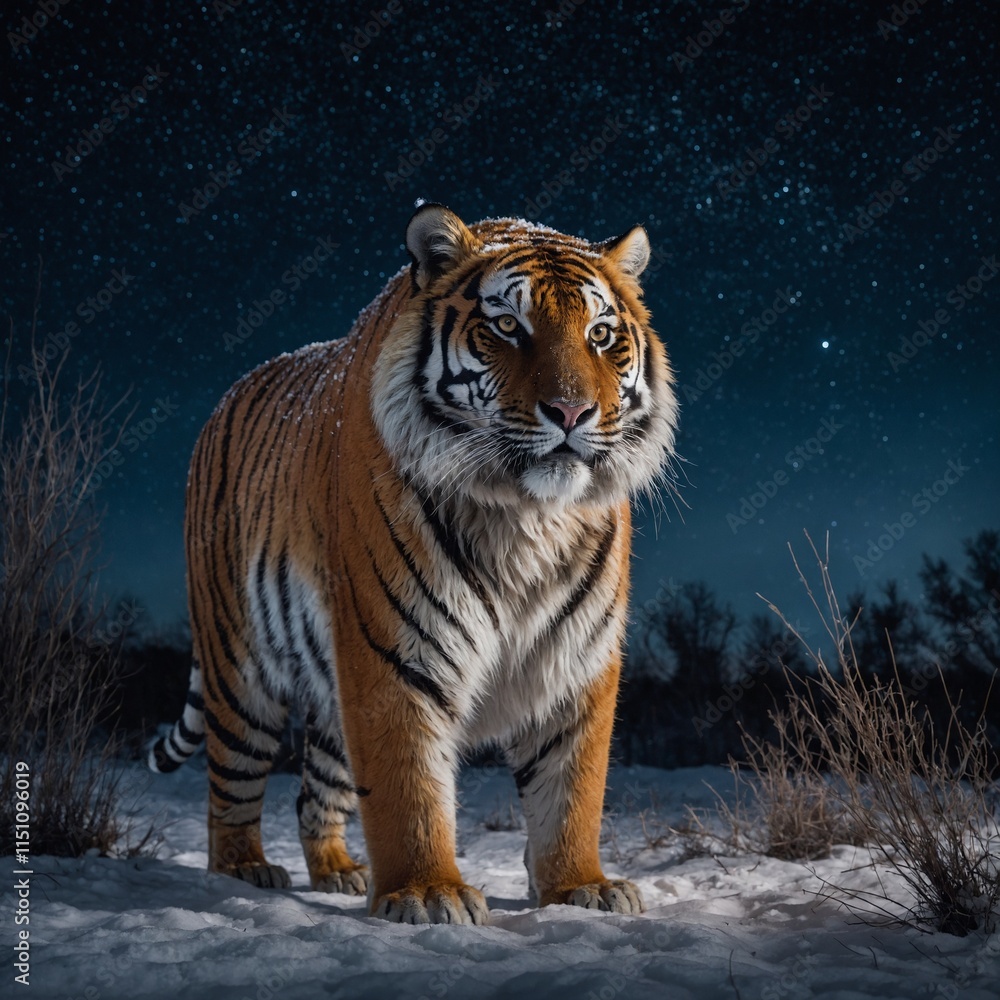 Obraz premium A fluffy tiger with glowing, striped fur prowling beneath a starry winter sky.