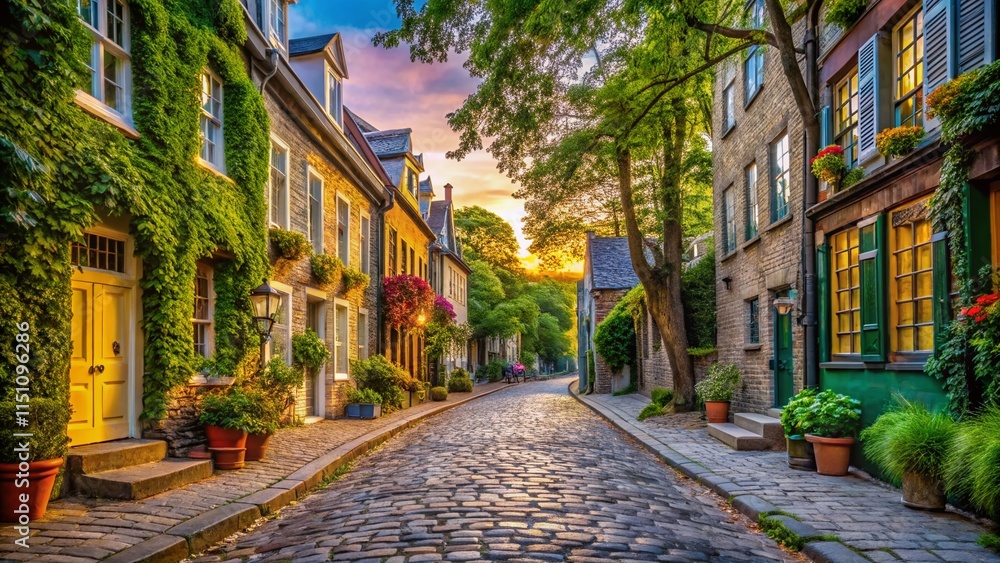 Fototapeta premium Cobblestone Street, Quaint Town, Historic Buildings, Lush Trees, Architectural Photography