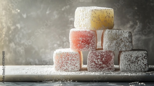 Photorealistic Side View of Colorful Turkish Delight Stacked on a Wooden Board with Powdered Sugar