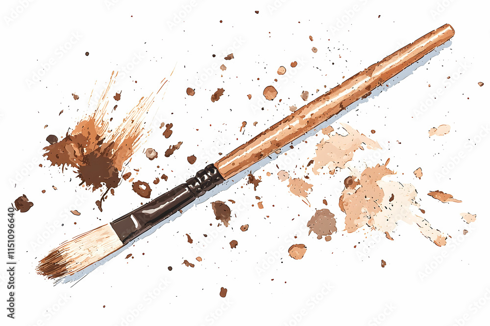 Fototapeta premium Artistic Paint Brush with Splashes of Brown and Beige Paint on White Background