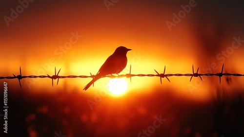 A silhouetted bird perched on barbed wire against a vibrant sunset backdrop.